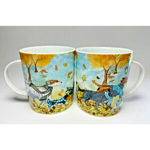 Pier 1 Park Avenue Puppies Mug Lazy Sunday Autumn Dogs 22 Oz Mug Retired Set 2